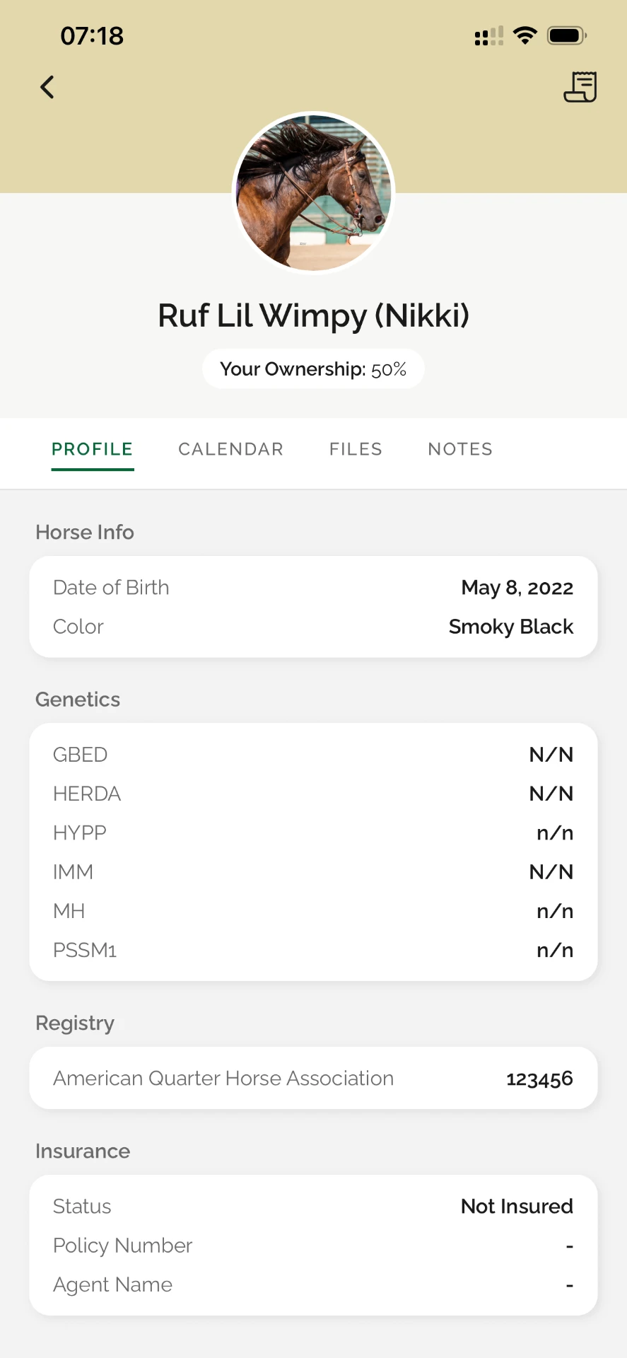 A horse profile screen from the StablePro app, showing ownership, genetics, registry, and insurance details